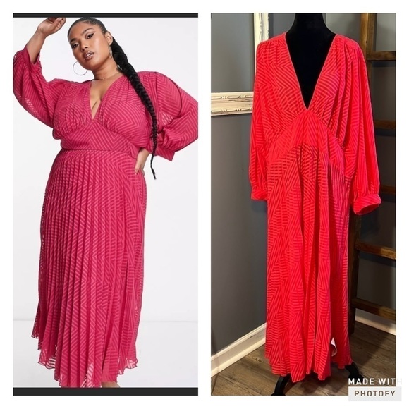ASOS DESIGN Curve pleated batwing midi dress chevron texture Magenta sz 24 NWT - Picture 1 of 16